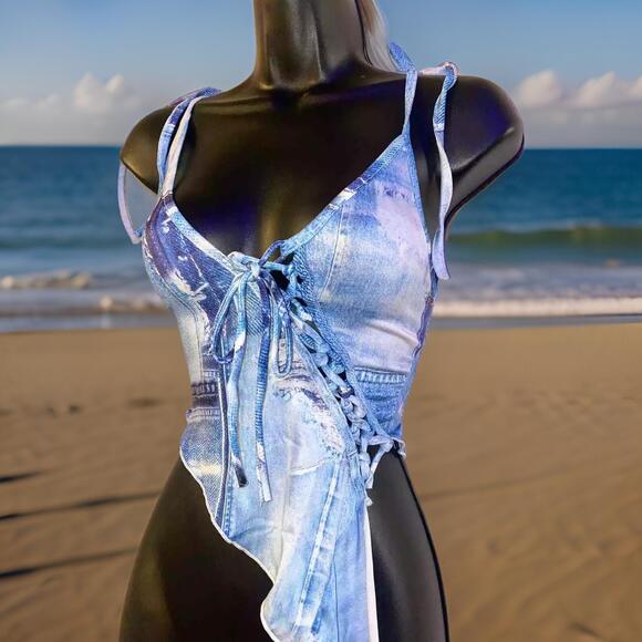 New XS Fashion Nova Denim Print Tie Asymmetrical Tank Top Crop Blouse Ruffle Y2k - Picture 1 of 7